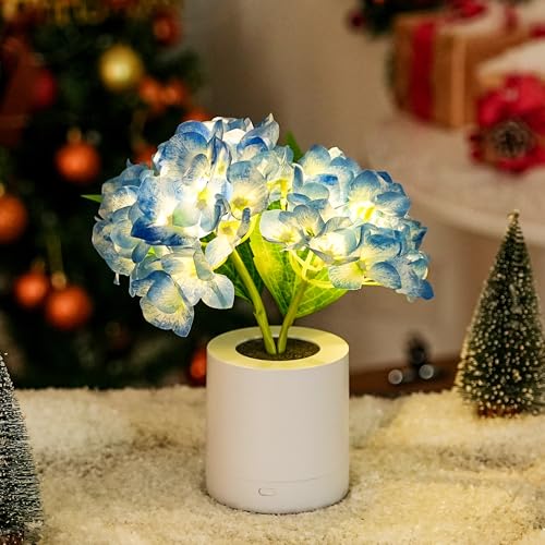 WSYEAR Blue Artificial Hydrangea LED Flower Lamp -Christmas Birthday Gifts for Women, Artificial Hydrangea Flower Table Lamp Decor for Bedroom Bar Coffee Shop Wedding - color: Blue Hydrangea