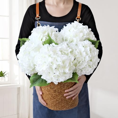 JINWOE White Silk Flowers Hydrangea Artificial Flowers, 5Pcs 20Inch Large Lifelike Faux Flowers, Full Fake Artificial Hydrangeas with Stems for Bouquet Table Centerpieces Home Decoration - color: White