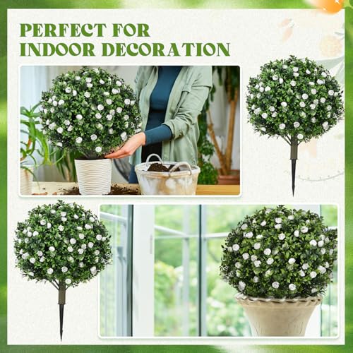 Lunmon 2 Pack 24" Artificial Topiary Ball Plants Trees with Flowers, Outdoor Fake Topiary Plants with Ground Spike, UV Resistant Faux Bushes for Indoor Outdoor Front Door Decor (White,Rose) - color: White, style: Rose