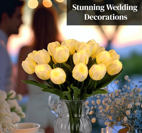 HOMESEASONS 20 Stems LED Lighted Artificial Flowers Tulip Lamp Real Touch Tulips Faux Flower Lights for Valentine's Day and Easter Home Kitchen Wedding Dining Table Decor(White) - color: White