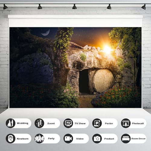 Empty Stone Tomb Photography Backdrop Crucifixion of Jesus Christ Holy Lights Cross Background God Bless Jesus Christian Pray Easter Background Church Sanctuary Backdrop Banner Decors 5x3ft - color: Black_Green, size: 5x3ft