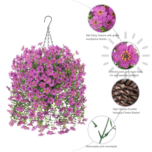 HyeFlora Artificial Hanging Flowers Basket for Outdoor, Fake Flowers Faux Plants Look Real for Yard Gardens Porch Patio Home (Purple) - color: Purple