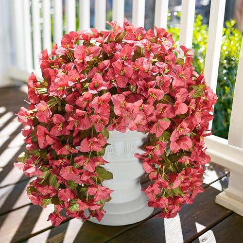 Bougainvillea Artificial Flowers Fake Plants for Outdoors Winter Decoration, 2 pcs Faux Long Trailing Vines UV Resistant Look Real Red Silk Flowers for Outside Planter Front Door Porch Urn Yard Patio - color: Fall Red