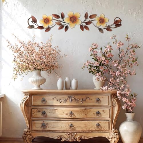 Wesiti Metal Flower Wall Decor Vintage Metal Flower Wrought Iron Scroll Sculpture 15.7''x3.7'' Not 3D, Flat Farmhouse Leaf Wall Decor with Nails for Summer Bedroom Kitchen Indoor Outdoor(Yellow) - color: Yellow