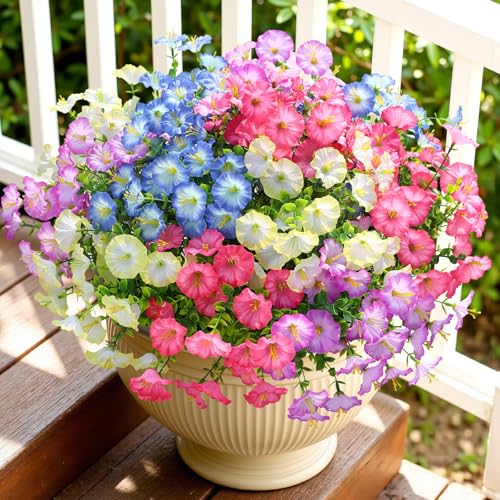 Alupssuc 24 Bundles Artificial Flowers for Outdoors, Faux Spring Flowers for Decoration, UV Resistant Silk Morning Glory with Eucalyptus Realistic Fake Flowers for Yard Planter, 4 Gradien Colors - color: 4 Gradient Color