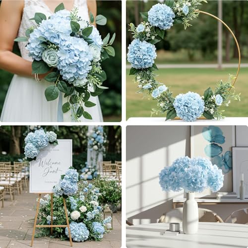 Auihiay 10PCS Hydrangea Artificial Flowers, Faux Blue Flowers for Wedding Centerpieces, DIY Bouquets, Bridal Shower, Floral Decor Home Decoration with Stems (VASE NOT Included) - color: Light Blue