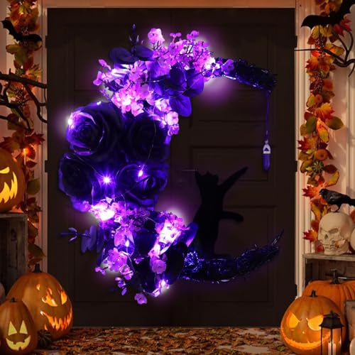 Halloween Wreaths for Front Door, Flower Moon Cat Halloween Home Decoration, Family Gathering Decoration Wreath，Outdoor, Wall, Closet, Fence, Wreath Christmas (Moon Cat - Purple) - color: Moon Cat - Purple