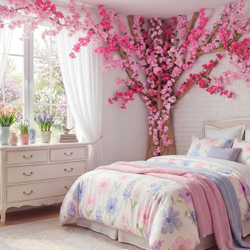 Yinder 35 Pcs 3D Wisteria Tree for Classroom Room Include Artificial Cherry Blossom Vines with Kraft Paper Tape for Classroom Home Room Wedding Summer Party Decor - color: Pink, style: Cherry Blossom