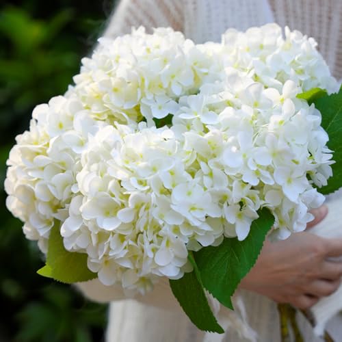 5pcs 18.5 inch Realistic Fake White Flowers Artificial Silk Hydrangea Flowers Artificial Flowers Faux Hydrangea Stems for Bouquets Home Outdoor Wedding Party Centerpieces Decor (Cream White) - color: Cream-white