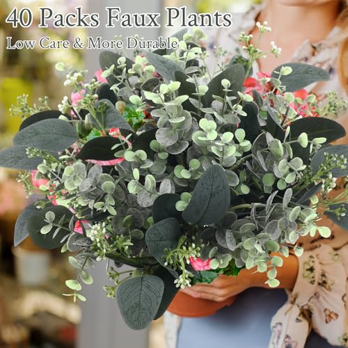 Janinka Mixed Eucalyptus Leaves Stems Bulk with White Seeds Artificial Silver Dollar Leaves Sprays Faux Oval for Wreath Garland Floral Bouquets Arrangement Wedding Greenery Decoration (40)