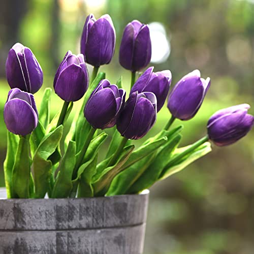 FiveSeasonStuff Real Touch Tulips Artificial Flowers – 15 Stems Faux Tulip Bouquet in Gift Box for Wedding, Home Decor, Party, Floral Arrangements (Sweet Plum Purple) - color: #20 Sweet Plum Purple