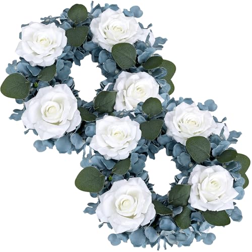 Artificial Flower Candle Rings - 6 Inch Inner Rose Floral Wreaths for Wedding Bridal Event Table Centerpieces Backdrop Decorations (Dusty Blue & White, 2 X Candle Rings) - color: Dusty Blue & White, size: 2 X Floral Wreaths