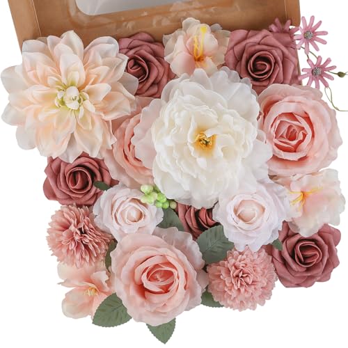 Floweroyal Artificial Flowers Combo Pink Flowers Mix Silk Flowers Dahlia Roses with Stems for DIY Wedding Bridal Bouquets, Baby Shower, Floral Arrangement, Table Centerpieces, Home Decorations - color: Blush Pink & Light Champagne
