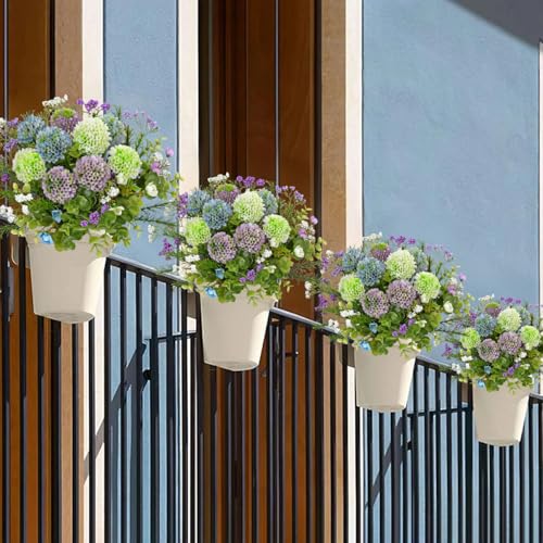 UV Resistant Artificial Flowers for Outdoors & Indoors 3 Bouquets, 12.9" UV Rated Faux Mums Chrysanthemum Plastic Flowers for Decoration, Fake Floral Arrangements for Home, Planter, Patio, Porch Decor - color: White & Blue & Purple