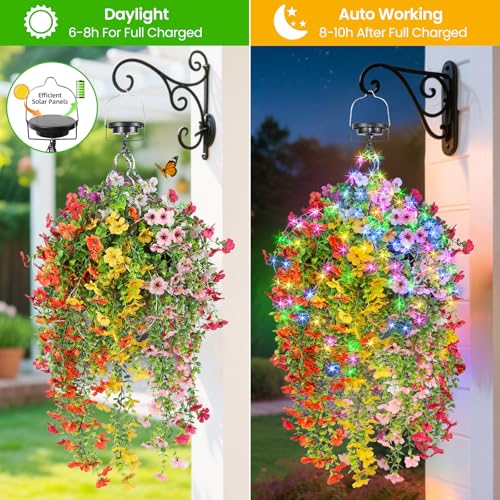 Solar Hanging Basket with Artificial Flowers: Outdoor Fake Plants Flower Basket with Solar String Lights for Summer -10 in UV Resistant Faux Silk Flower Baskets for Home Porch Yard Patio Garden Decor - size: 10inch, style: Eucalyptus Daisy - Colorful