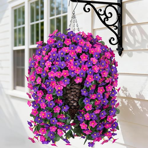 Artificial Fake Hanging Flowers with Basket for Outdoor Decoration,UV Resistant Faux Silk Daisy Flowers Dark Purple and Fuchsia Orchid Vines in Planter Realistic Hanging Baskets for Home Porch Garden - color: Dark Purple+fuchsia Daisy