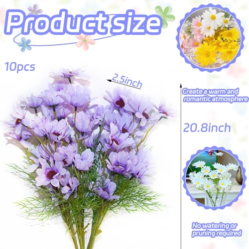 Purple Artificial Daisies Outdoor UV Resistant, 10 Bundles Daisy Flowers Artificial for Decoration, 20.8 Inch Faux Wildflowers Silk Flowers Bulk for Home Kitchen, Table Centerpieces, Arrangement - color: Purple