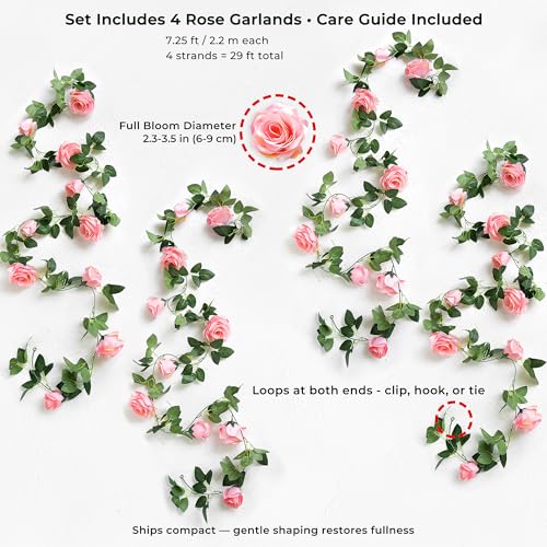 FiveSeasonStuff Amaranth Pink Artificial Rose Garlands, Four Separate Faux Flower Vines with Greenery - color: Amaranth Pink
