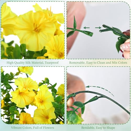 Artificial Hanging Flowers for Outdoors, 6Pcs UV Resistant Morning Glory Vines Fake Flowers with Eucalyptus, Realistic Silk Faux Hanging Plants Decor for Outside Planter Porch Patio (Yellow) - color: Yellow