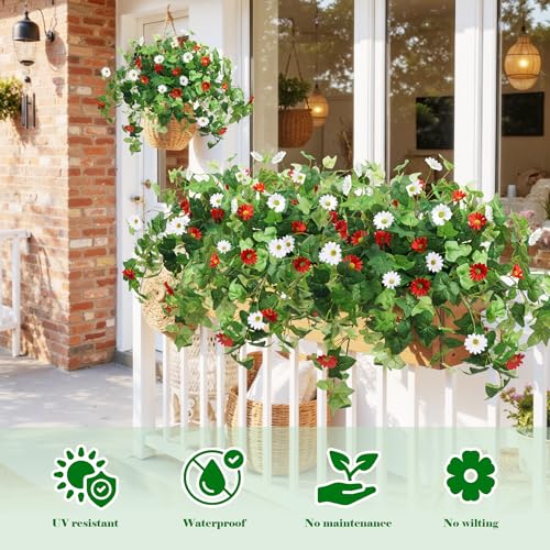 Krissing 3 Pcs Artificial Flowers for Outdoors UV Resistant, Fake Greenery Plants with Daisy Flowers for Planters Porch Window Box Home Decor (Red, White) - color: Red+white, size: 3
