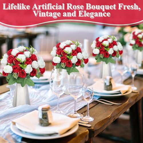 Zeyune 8 Pack Artificial Mini Red and White Roses, 12 Inch Fake Flowers with Stems, 80 Small 1.6 Inch Flower Heads, Silk Mini Rose Bouquets for Wedding Centerpieces, Bridal Bouquets, Home Party Decor - color: Red and White