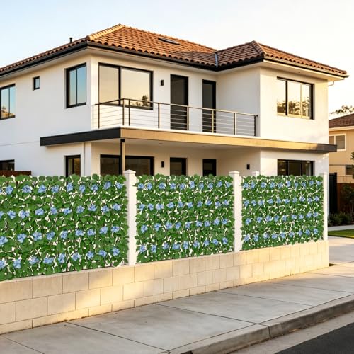 Expandable Fence Privacy Screen with Artificial Flower, Faux Privacy Fence Panel Artificial Green Wall Balcony Garden Patio Privacy Screen, Single Sided Leaves (Blue Hydrangea, 2 Pack) - color: Blue Hydrangea, size: 2 Pack
