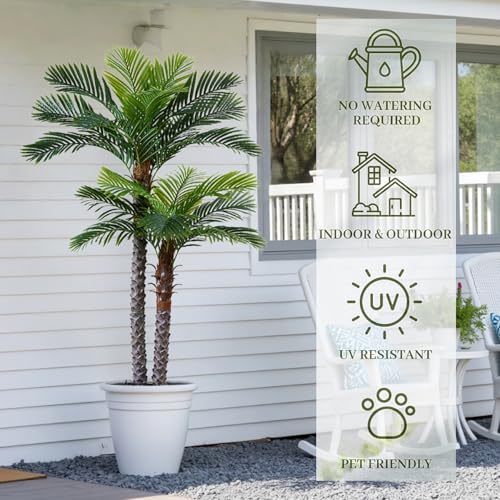 6FT Artificial Phoenix Palm Tree with Two Trunks UV Resistant Faux Sago Palm Plants for Indoor Outdoor, Realistic Large Tropical Decor for Home Office Patio Poolside Garden, Ready to Use in Cement Pot - color: 6ft-two Trunks-1pack, size: 6ft