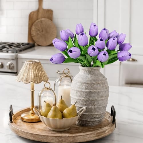 Beferr 18pcs Tulips Artificial Flowers Faux Tulip Real Touch Tulip Fake Flowers Bouquets Arrangements for Mothers Day Spring Easter Wedding Home Table Decor - color: M-18pcs-1colors-lavender, size: 18PCS