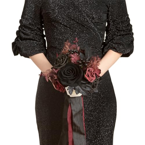 Ling's moment Black Artificial Wedding Flower Bouquets for Bridesmaids Burgundy Floral Bouquet Mashala Bridesmaid Bouquets with Ribbon Ceremony Anniversary,7-inch Diameter - color: Red-burgundy Red & Black