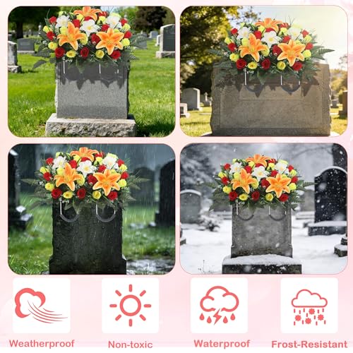 Cemetery Flower Saddle - grave flowers for cemetery,Artificial Rose, Lily & Orchid Arrangement for Headstone - All-Weather Grave Decor for Outdoor Tombstone Headstone Decorations (Red yellow) - color: Red Yellow