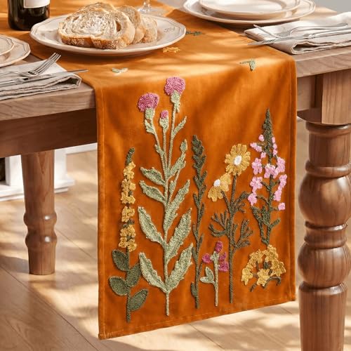 Artoid Mode Caramel Soft Chain Embroidery Wild Floral Fall Table Runner, Seasonal Spring Kitchen Dining Table Decoration for Home Party Decor 13x72 Inch - color: Caramel, size: 13" x 72", Table Runner