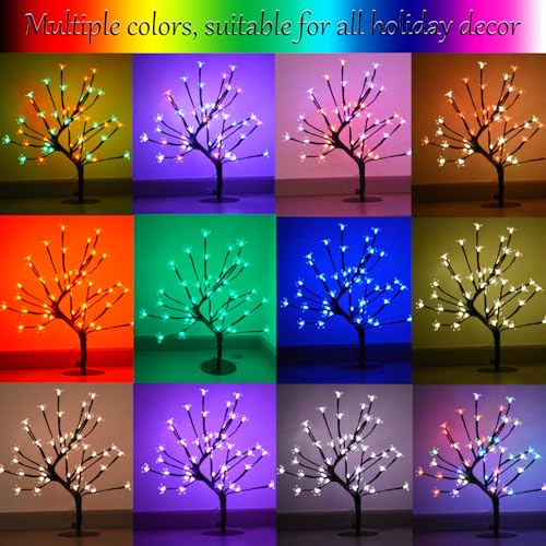 48 LED Cherry Blossom Tree Light, Color-Changing Cherry Flower Lamp，Artificial Bonsai Tree with Remote Lit Centerpieces Christmas Tabletop Night Lights for Halloween Wedding Party Home Decor