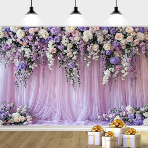 5x4ft Purple Lavender Floral Bridal Backdrop Wedding Flower Photography Backdrop for Girl Portrait Baby Shower Birthday Party Decor Banner Mother's Day Party Wall Backdrop Studio Photo Backgrounds - color: Multi3, size: 5X4FT