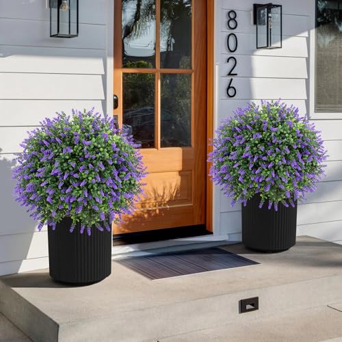 Artificial Lavender Topiary Ball Tree 25" with Ground Spike, Set of 2 Artificial Boxwood Bushes for Faux Shrubs, Fake Evergreen Faux Plant for Indoor Outdoor Porch Garden -UV Resistant–Fade-Proof - color: Lavender