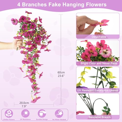 Fake Artificial Flowers for Outdoors, 4 Pcs Faux Hanging Pansy Flowers Spring Summer Decor, UV Resistant Fake Plants Silk Flower for Planter Front Door Porch Patio Yard Garden(Gradient Double Pink) - color: Gradient Double Pink
