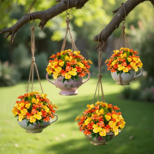 CITYES 4 Pcs Artificial Flowers Outdoor Impatiens UV Resistant Fake Silk Fall Flowers Orange Yellow Faux Flowers Impatiens Bushes for Outdoor Planter Pot Hanging Basket Porch Autumn Fall Decor - color: Orange, Yellow
