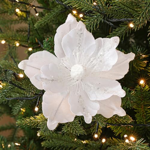 vctops 6 Pcs Poinsettia Artificial Flowers Christmas Tree Ornaments Velvet Glitter Magnolia Flowers for Xmas New Year Party Wedding Holiday DIY Decorations, White - color: White