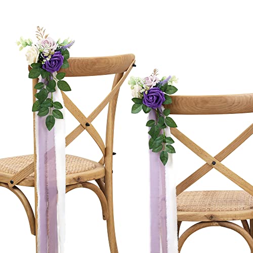 Wedding Aisle Decorations for Wedding Ceremony Set of 10 Pew Flowers for Church Chair Decorations Party Decor with Artificial Flowers Eucalyptus and Ribbons Purple - color: Purple