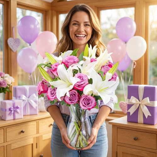 Benchmark Bouquets Oriental Lily & Purple Rose Bouquet – Real Fresh Flowers for Delivery – Mothers Day Gifts for Mom – Long Stem Roses with Fragrant Lilies – Purple Flowers – Glass Vase Included - color: Purple