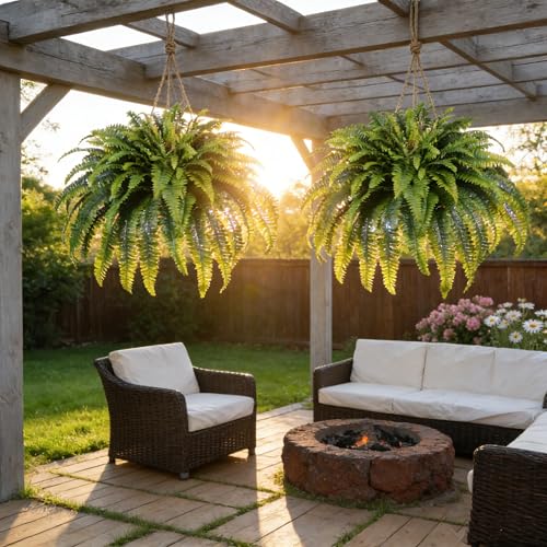 Artificial Ferns for Outdoors & Indoors, 50" Large Fake Ferns with Fruitlet & Vines, 98 Fronds Boston Fern Faux Plants Ideal for Planters Porch Garden Hall Home Decor, Hanging or Potted, UV Resistant - size: 95 fronds-1p