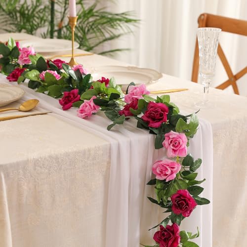 JUSTOYOU 2 Pack (15.8FT) Fake Rose Garland, Artificial Rose Vines Flowers Hanging Silk Rose Vine Wedding Home Backdrop Party Arch Arrangement Decoration - color: Fuchsia