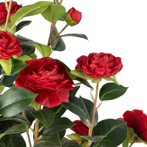 Artificial Camellia Tree 2 Pack - Realistic Camellia Plants in Pot with Red Flowers, Lifelike Faux Greenery for Living Room, Patio, or Wedding, Red - color: Red