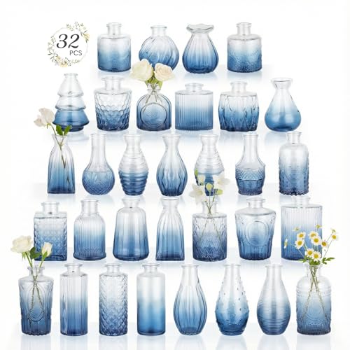 RUCKAE Glass Bud Vases Mini Flower Vase Small Vintage Vases for Centerpiece Table Wedding Decorations Home Decor Party(Gradient Blue 32pack) - color: Gradient Blue