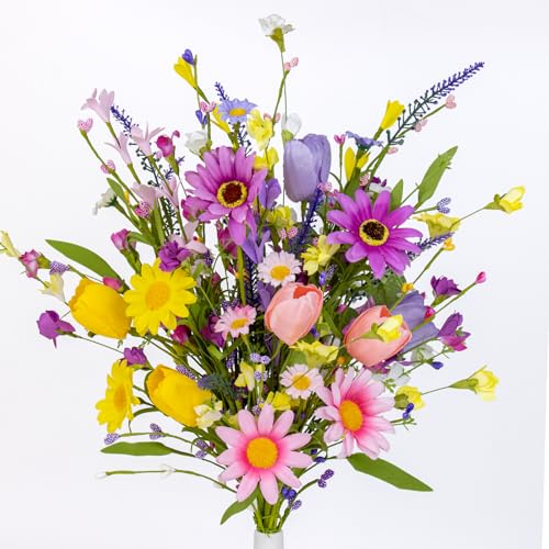 Yawwind 12 PCs Artificial Summer Flowers 17 Inches Pastoral Spring Flowers Colorful Spring Florals Stems with Wildflowers Tulips for Vase Table Centerpiece Indoors Decoration