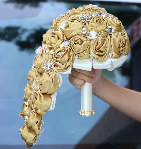 Luxury Cascade Bridal Wedding Bouquet Satin Rose Waterfall Holding Bouquet Artificial Flower Bunch for Bride Bridesmaid(Gold, 15" x 7.5") - color: Gold, size: 15"L x 7.5"W(38cm x 19cm)