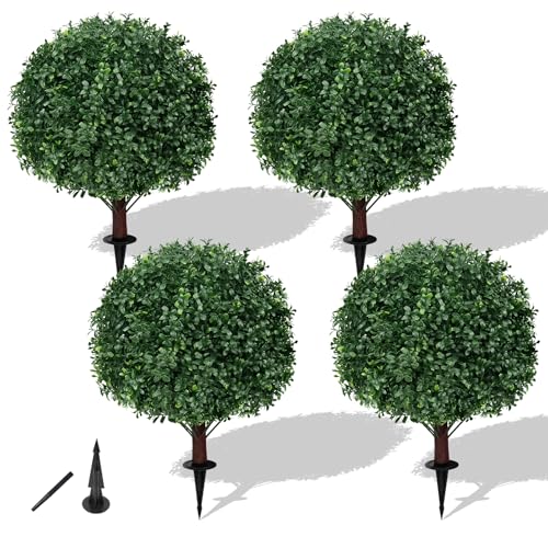 Yangrass Artificial Boxwood Topiary Ball Tree Set of 4, UV Resistant Artificial Outdoor Shrubs with Spike, Decorative Evergreen Fake Topiary Bushes Plant for Front Porch Garden - color: Boxwood 4pc