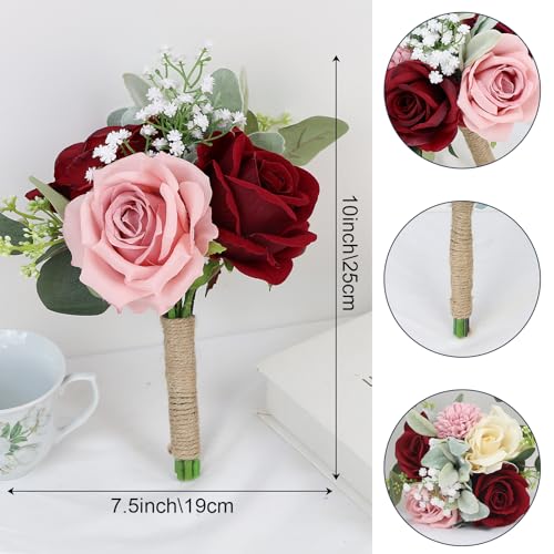 Set of 6 Artificial Bridesmaids Bouquets for Wedding -7 Inch Bridesmaid Bouquet Blush & Burgundy Silk Rose Pre-made Small Wedding Flowers for Bridal Shower Centerpieces Ceremony & Anniversary - color: Blush & Burgundy, size: 6pcs Bouquets