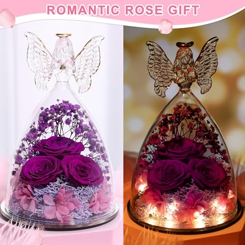 Mothers Day Rose Gifts for Women Preserved Real Flower in Glass Angel Figurines Roses for Delivery Prime Birthday Gifts for Mom Grandma Girlfriend Wife Her, Full Purple - color: Purple Pur