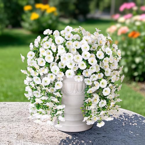 Artificial Faux Hanging Flowers Plants for Outdoor Decor,2 PCS Fake Silk Morning Glory with Eucalyptus UV Resistant Realistic Trailing Vines for Wall Home Porch Patio Balcony Yard Indoor Decor,White - color: White