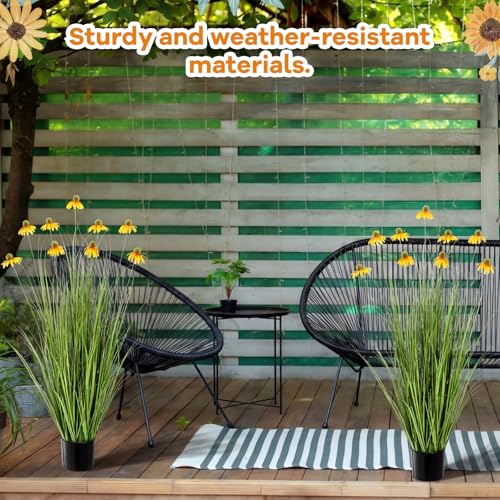 Jexine 2 Pack 4ft/47inch Artificial Grass Plant Outdoor Artificial Greenery Grass in Pot with Fake Daisy Flowers for Spring Room Office Indoor Outdoor Decor Housewarming Gifts - color: Yellow Daisy, size: 4ft